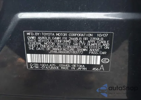 2008 Lexus Es 350 from USA, damaged, VIN JTHBJ46G082183772